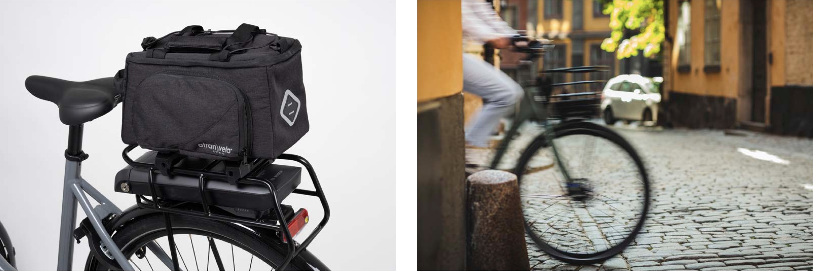 Atran Velo toptaske monteret på AVS bagagebærer på elcykel, sort cykeltaske i brug i bymiljø